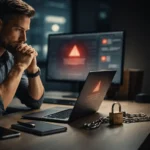 IT team watching a ransomware alert on a laptop in a modern office