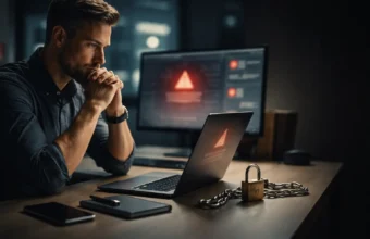 IT team watching a ransomware alert on a laptop in a modern office