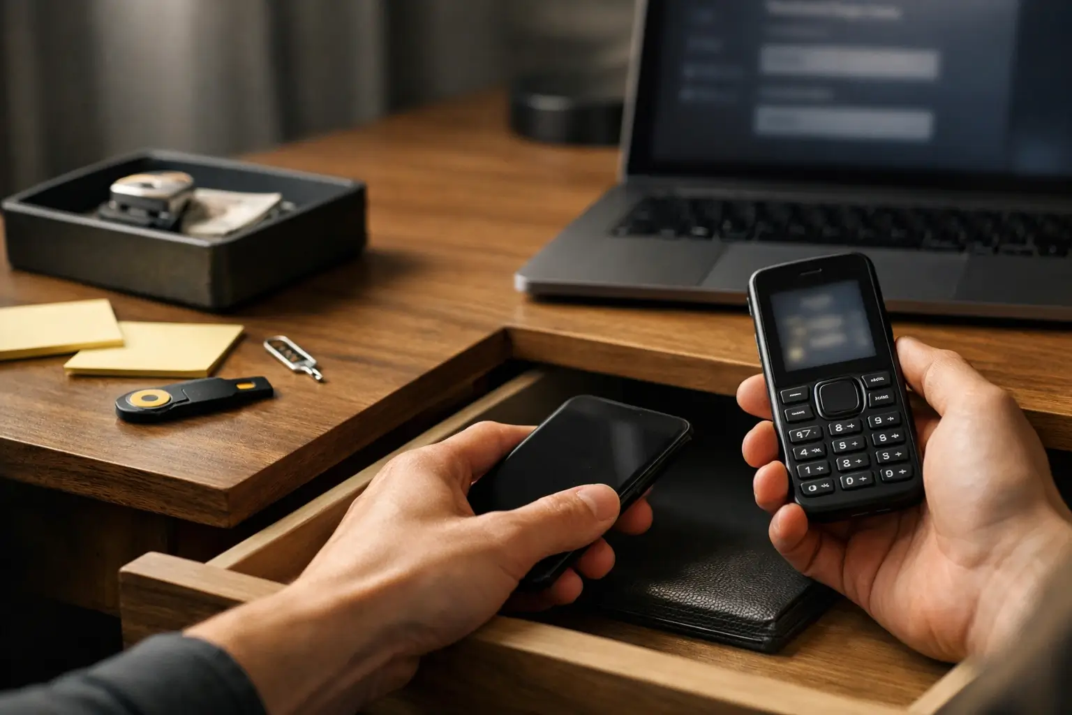 Person using a feature phone and keeping a smartphone at home