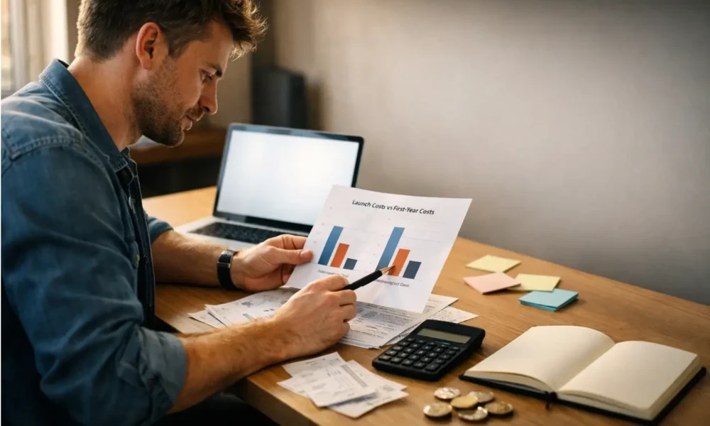 Laptop and paperwork showing a simple startup budget plan