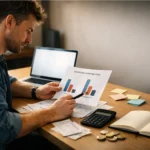 Laptop and paperwork showing a simple startup budget plan