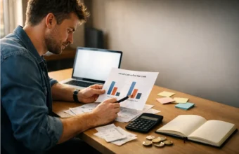 Laptop and paperwork showing a simple startup budget plan