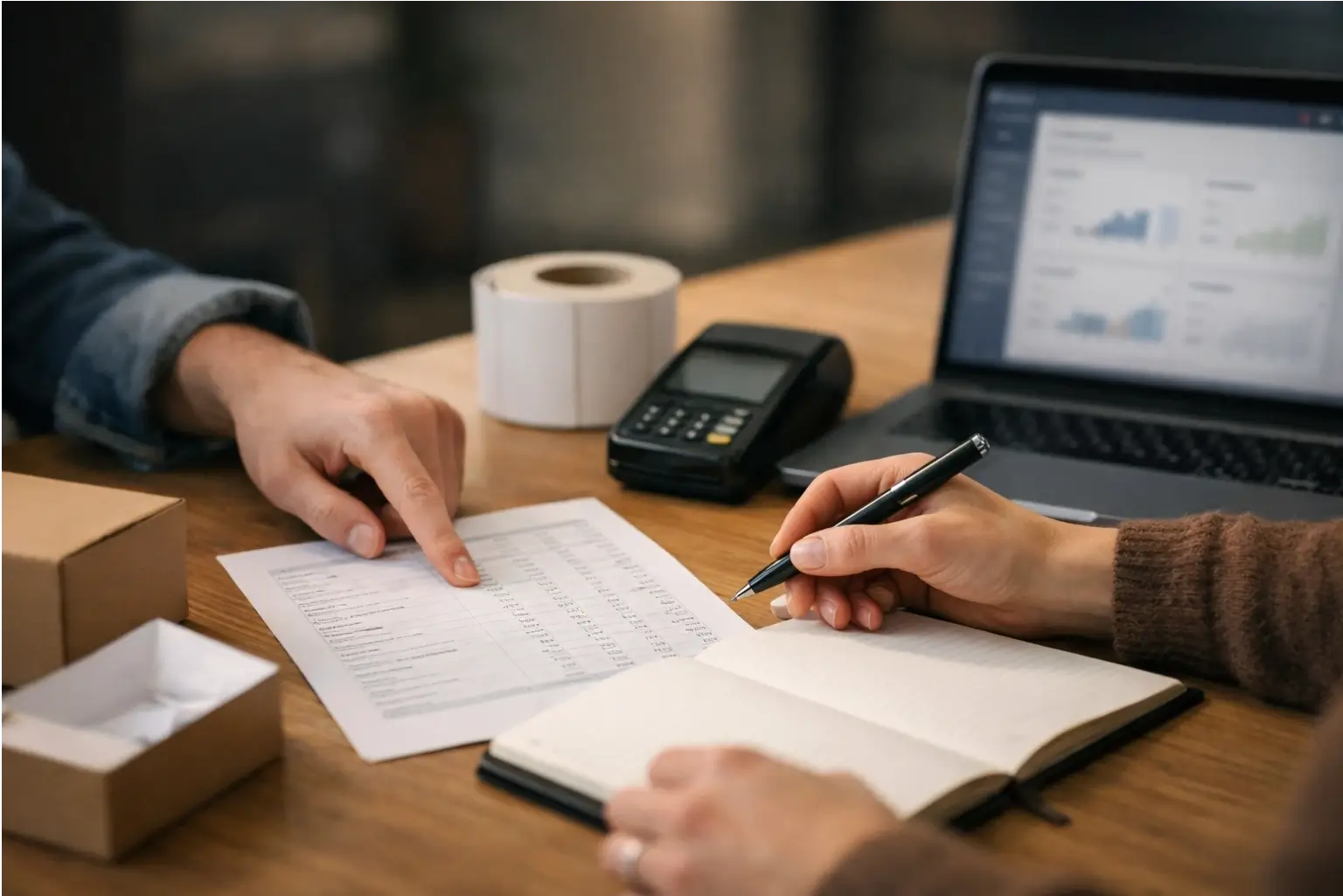 Two people discussing a UK startup budget in a coworking space