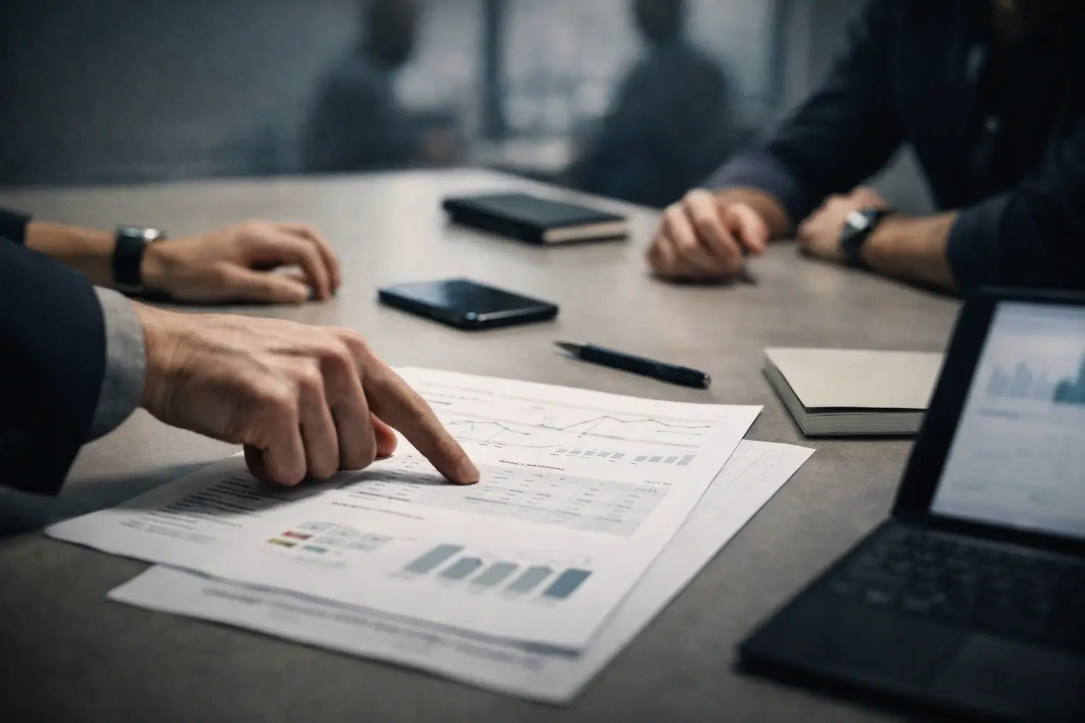 Investor pointing at startup traction metrics on printed pages