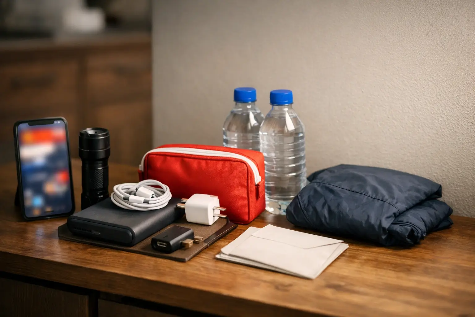 Flashlight and power bank next to a phone with a blurred weather alert