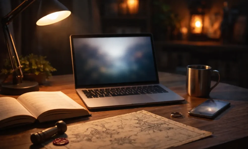 Desk with a blurred laptop and an open book for a TV recap guide