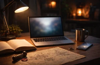 Desk with a blurred laptop and an open book for a TV recap guide