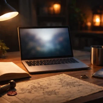 Desk with a blurred laptop and an open book for a TV recap guide