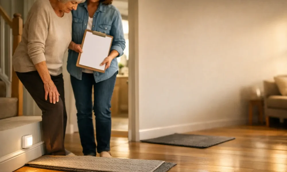 Older adult and caregiver checking the home for fall risks