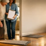 Older adult and caregiver checking the home for fall risks