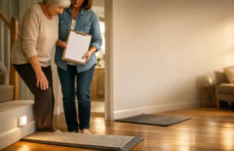 Older adult and caregiver checking the home for fall risks
