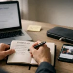 A person writes an evidence log while reporting a fake nude image.