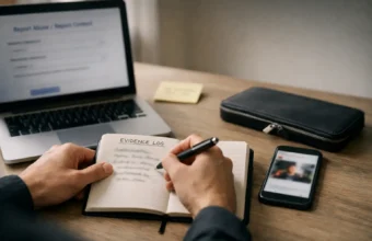 A person writes an evidence log while reporting a fake nude image.