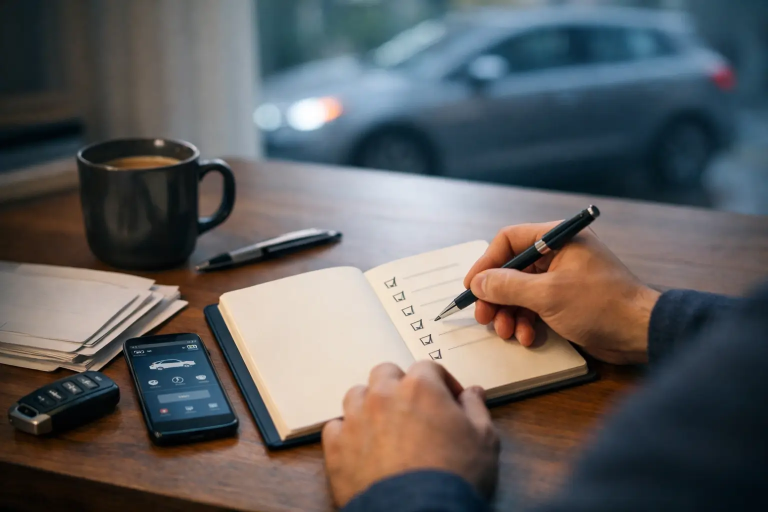 Buyer checking a car AI checklist at a desk with keys nearby