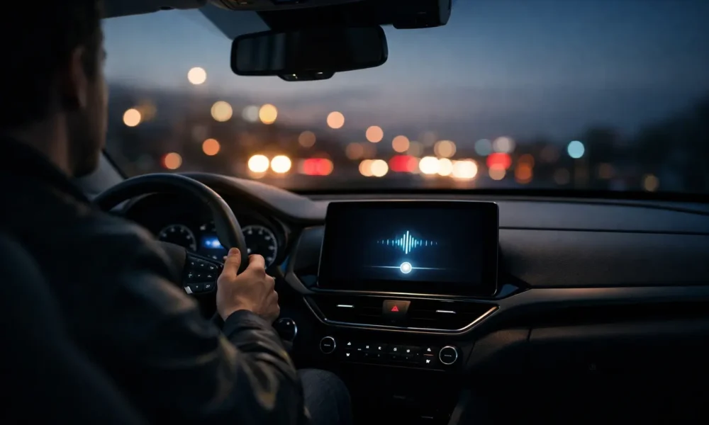 Driver using a voice assistant on a modern car dashboard