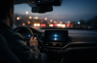 Driver using a voice assistant on a modern car dashboard