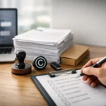Person checks a copyright and AI compliance checklist on a desk