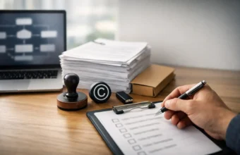 Person checks a copyright and AI compliance checklist on a desk