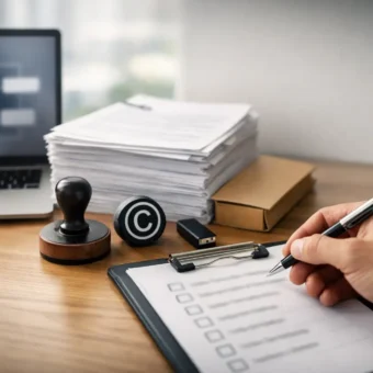Person checks a copyright and AI compliance checklist on a desk