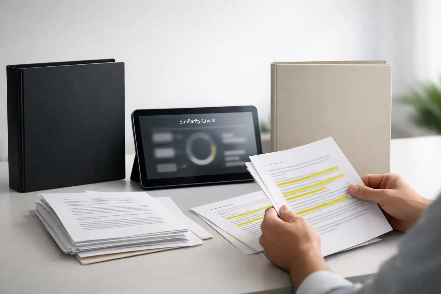 Hands compare AI output with documents during a similarity check