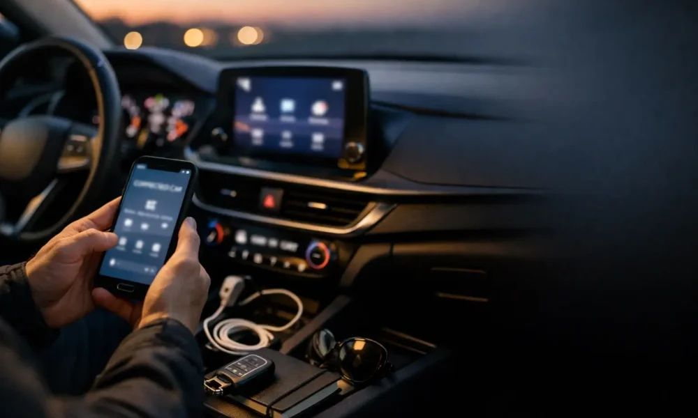 Driver checks a car app to keep a connected car safe.