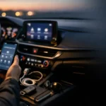 Driver checks a car app to keep a connected car safe.