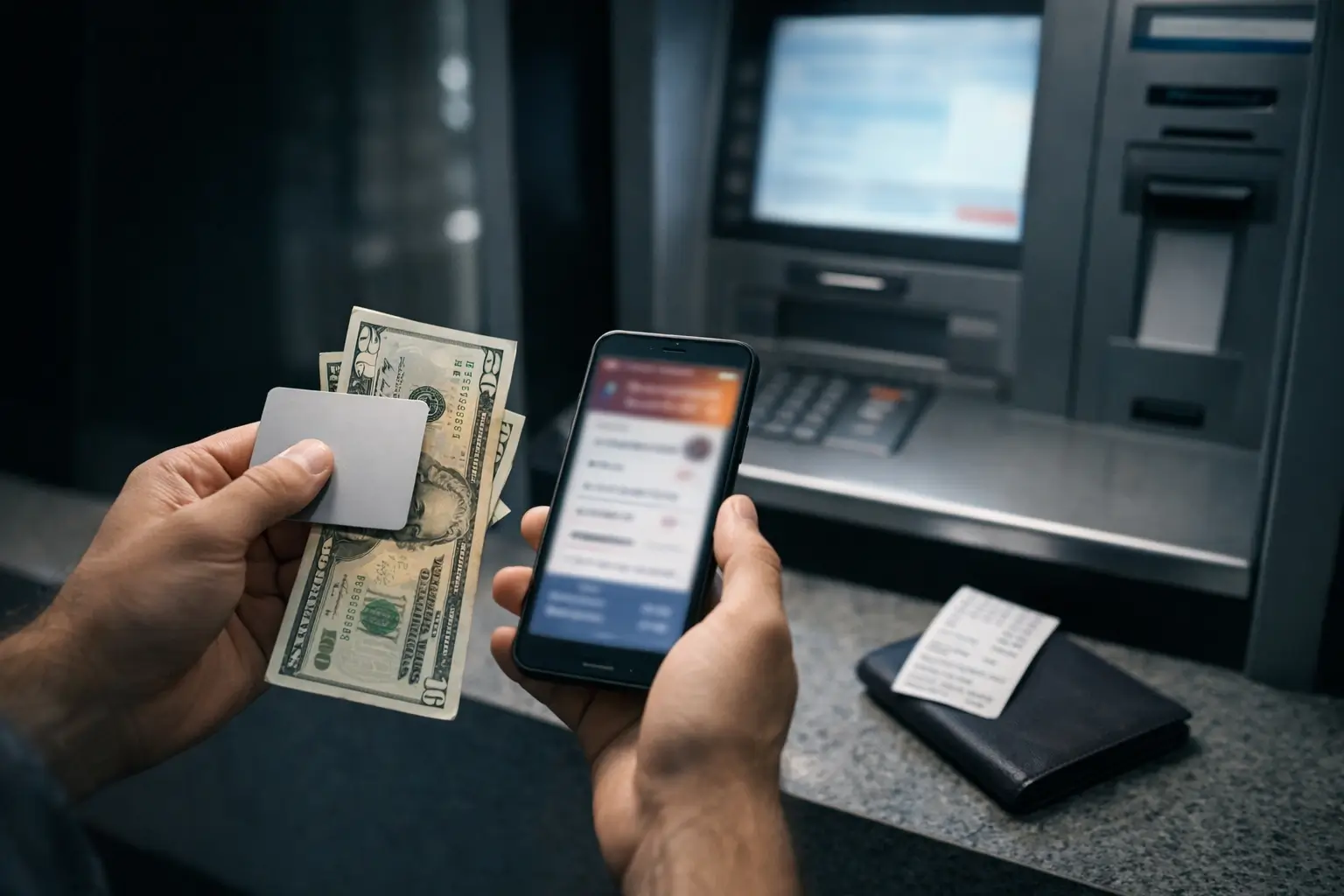 Traveler using a bank ATM and checking fees on a phone with a blurred screen.