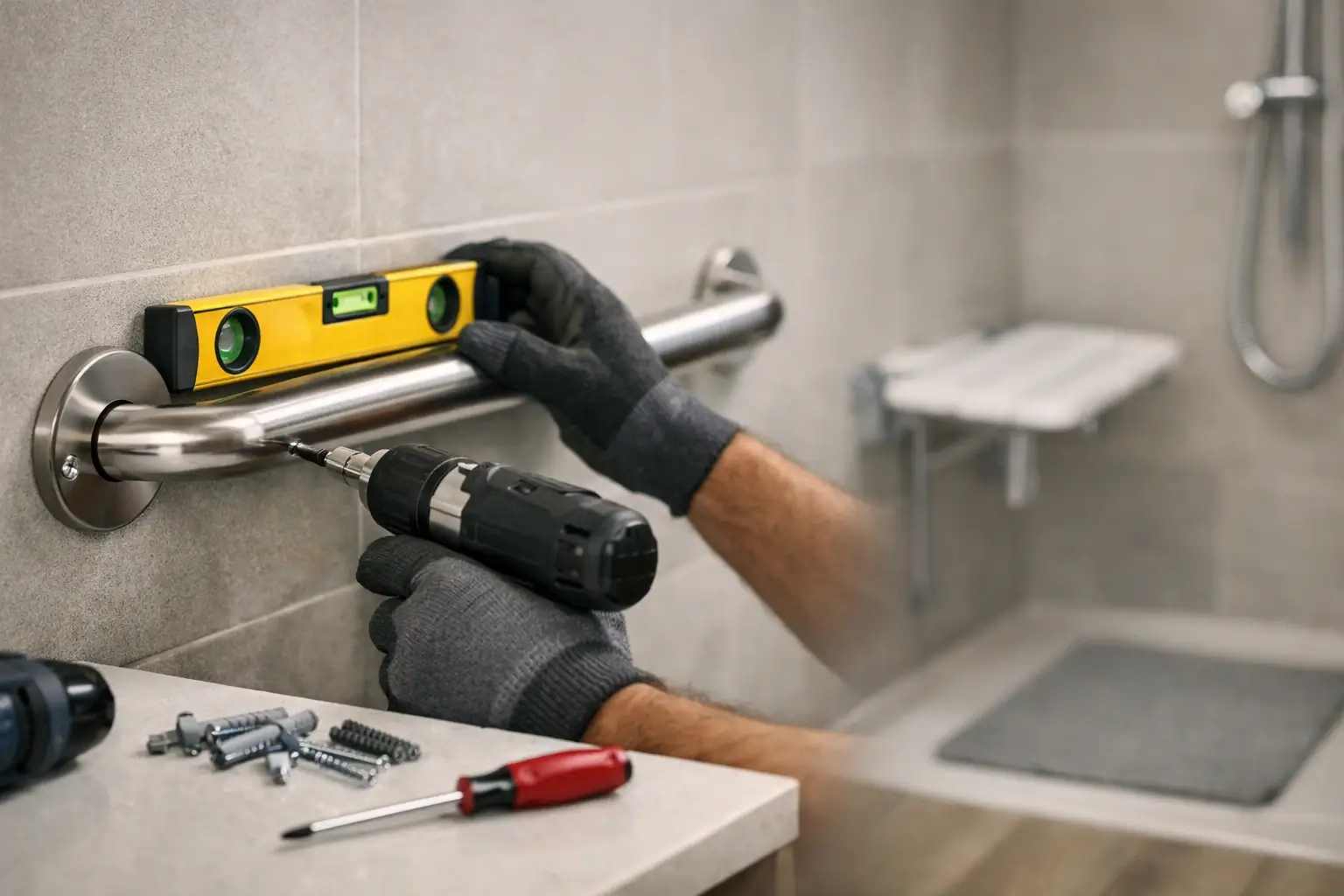 Installer fitting a grab bar in a clean bathroom