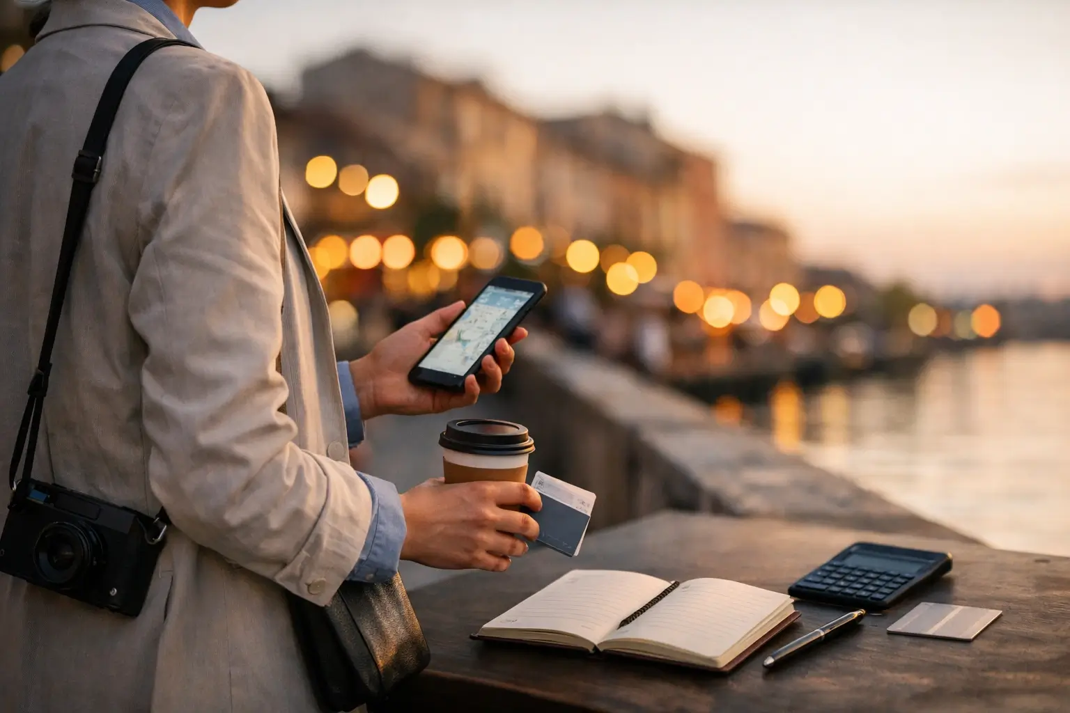 Traveler takes an evening walk after meetings during a bleisure trip.