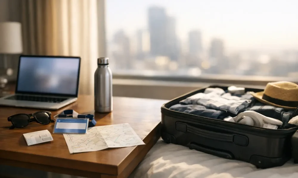 Business traveler in a hotel room planning a short vacation after work meetings.