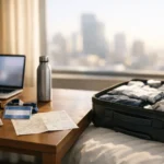 Business traveler in a hotel room planning a short vacation after work meetings.