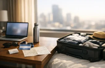 Business traveler in a hotel room planning a short vacation after work meetings.