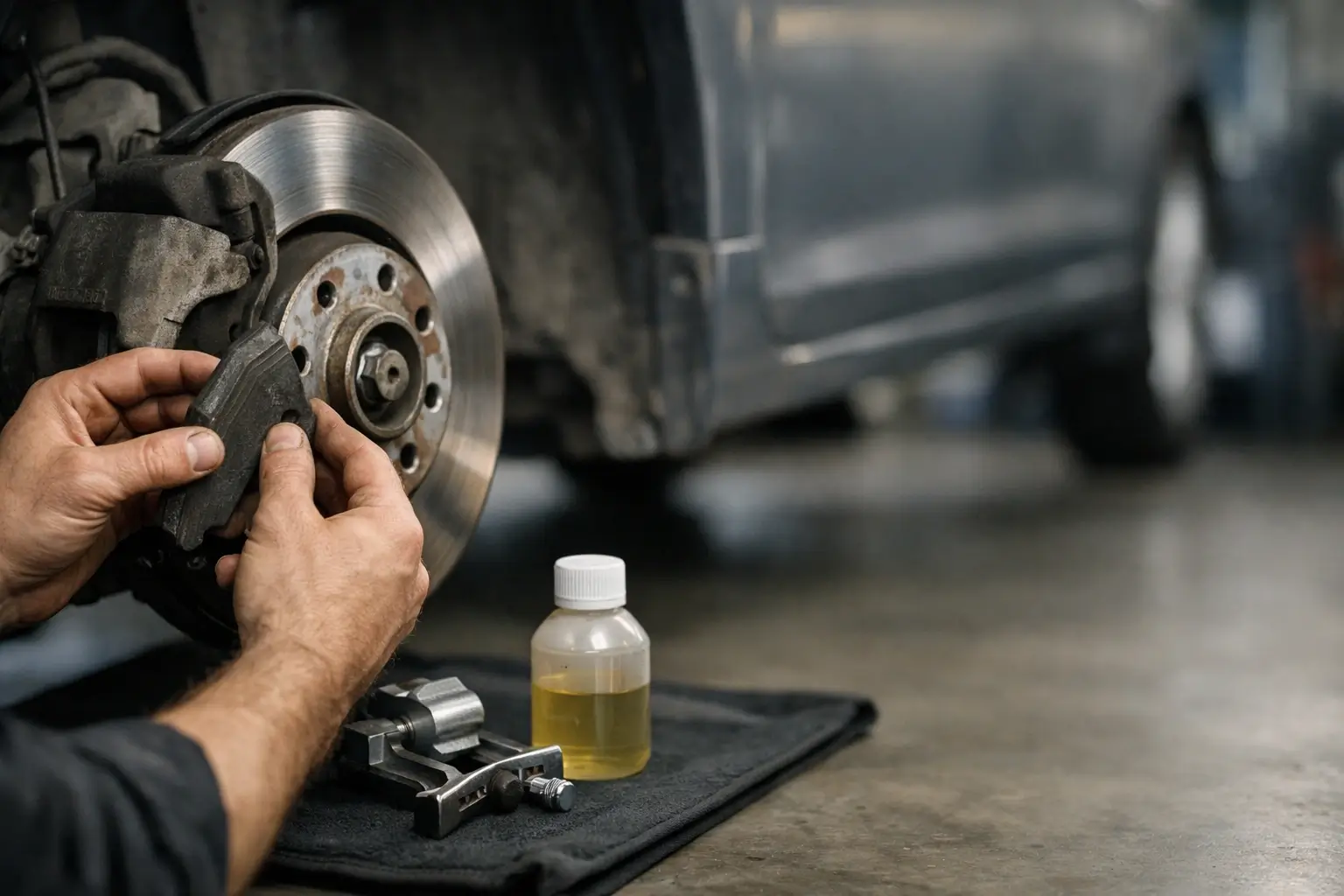 Mechanic checking brake pads and brake disc