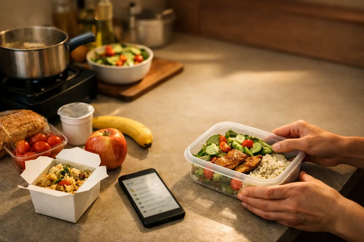 Simple meal prep with groceries in a small kitchen to save money while traveling.