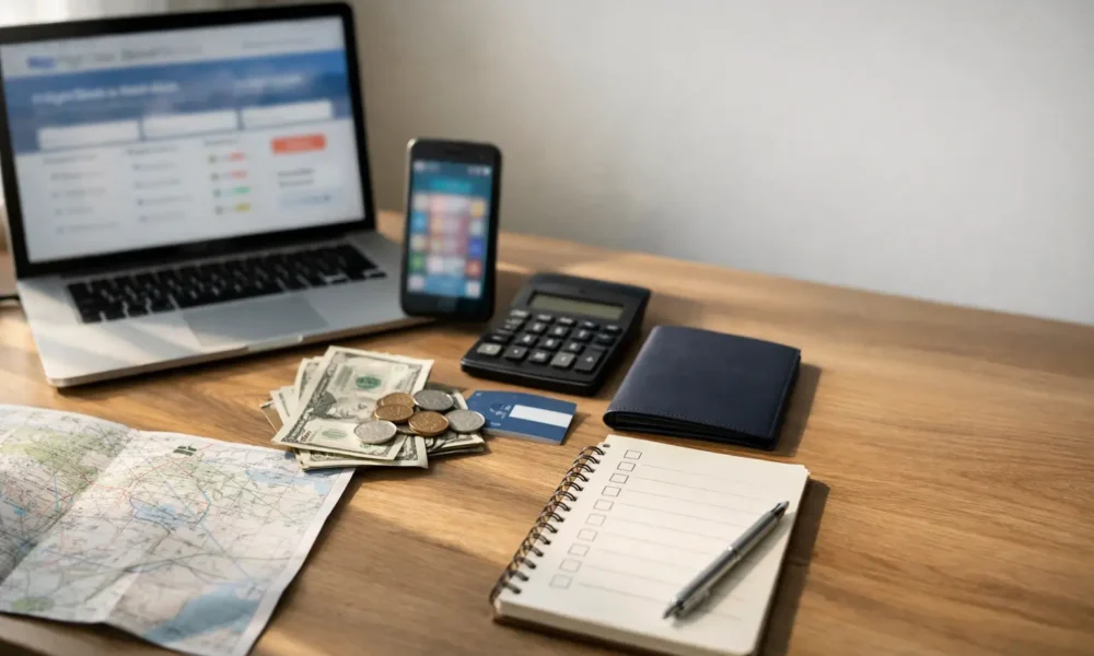 Traveler planning a $50 a day trip budget on a laptop at a clean desk.