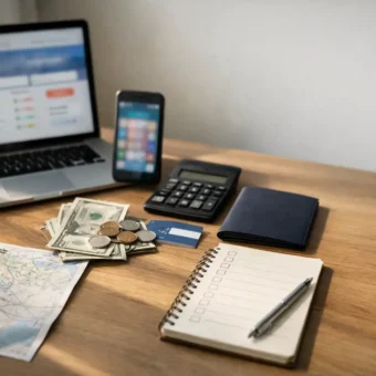 Traveler planning a $50 a day trip budget on a laptop at a clean desk.