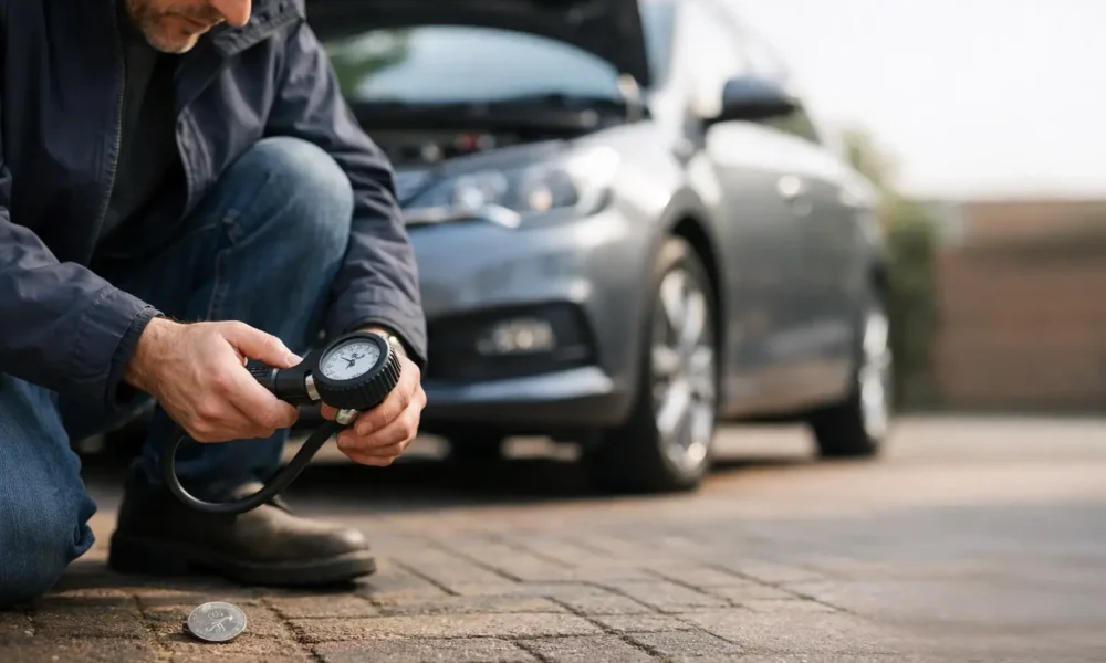 Driver checking tyre pressure before a trip