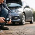 Driver checking tyre pressure before a trip