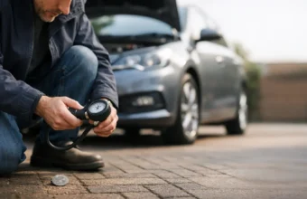 Driver checking tyre pressure before a trip