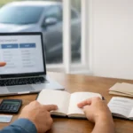 Person comparing car subscription, leasing, and buying costs at a desk.