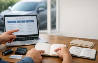 Person comparing car subscription, leasing, and buying costs at a desk.