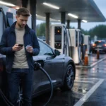 Driver using a rapid EV charger with a phone and card in the UK