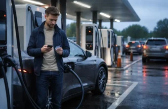 Driver using a rapid EV charger with a phone and card in the UK