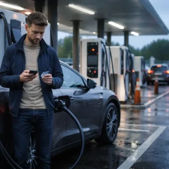 Driver using a rapid EV charger with a phone and card in the UK
