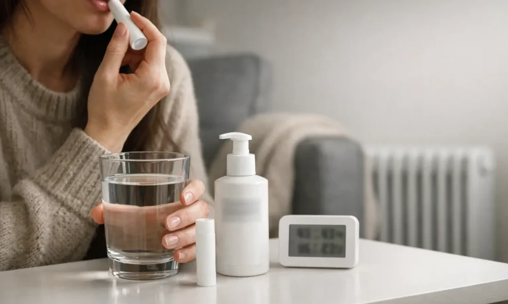 Glass of water with lip balm and moisturizer in a warm winter room