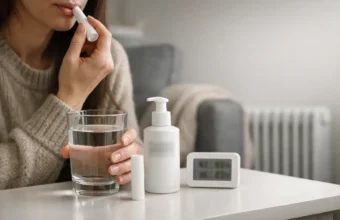 Glass of water with lip balm and moisturizer in a warm winter room