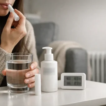 Glass of water with lip balm and moisturizer in a warm winter room