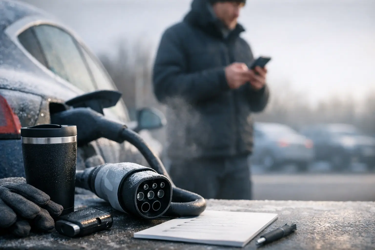 Electric car charging on a cold morning with gloves and a mug nearby.
