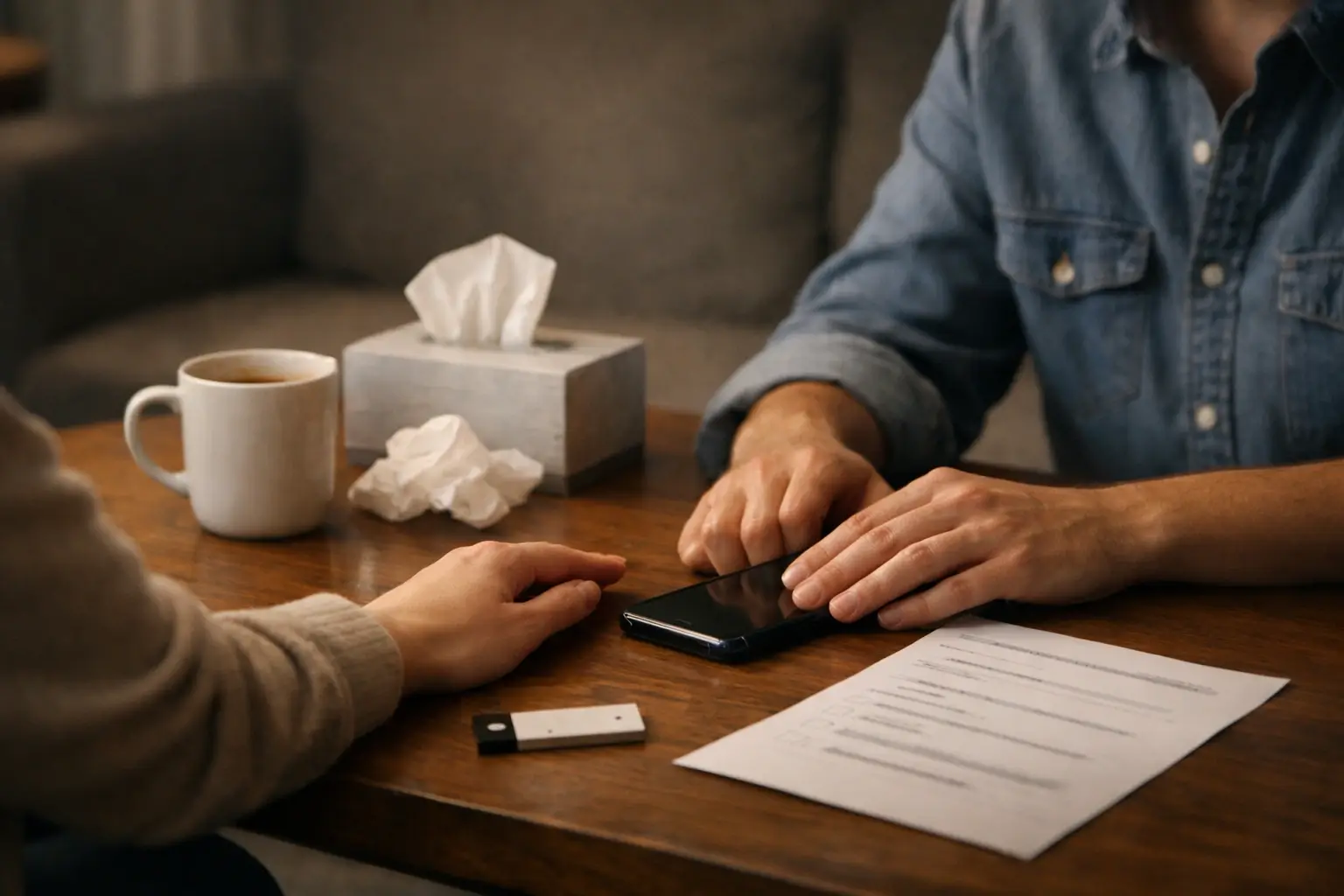 Two people talk calmly after a private image abuse scare.