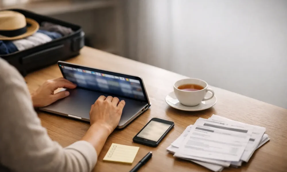Traveler closes a laptop with many travel tabs to stop overthinking.